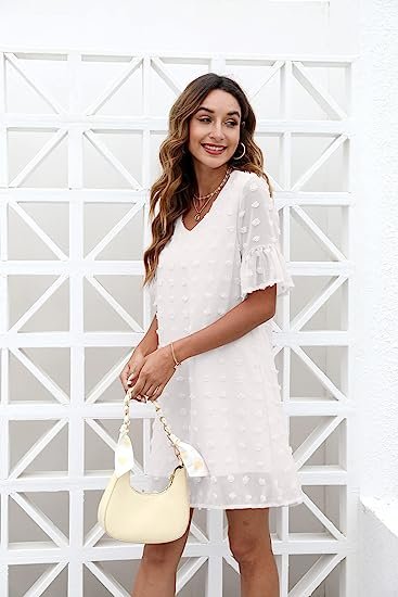 Women's White Dress Sweet and Cute V Neck Ruffle Short Sleeve Sun Protection Dress Wide