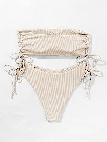 Women's 2 Piece Bandeau Swimsuits Tie Side Ribbed Bikini Set Tankini