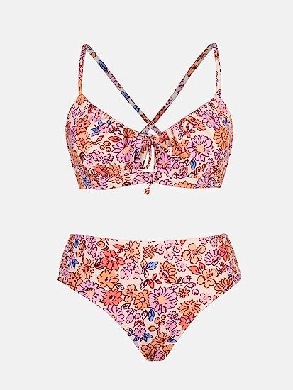 Women's Bikini Set Two-Piece Swimsuit Bottoms Floral Crossover Crew Neck Cutout Swimsuit
