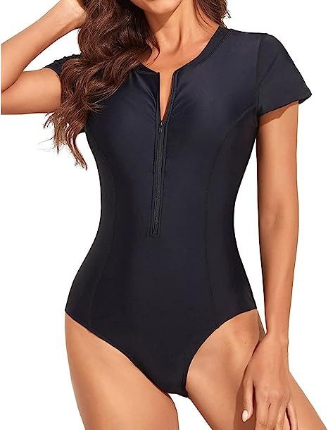 Women's Short Sleeve Sun Protection One Piece Swimsuit Zipper Swimsuit UPF 50+